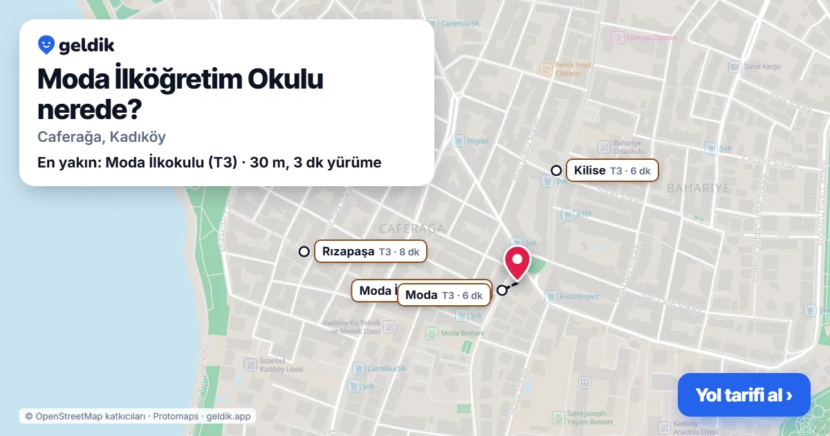 Moda İlköğretim Okulu nerede: haritada konumu ve en yakın duraklar, yürüme süreleriyle