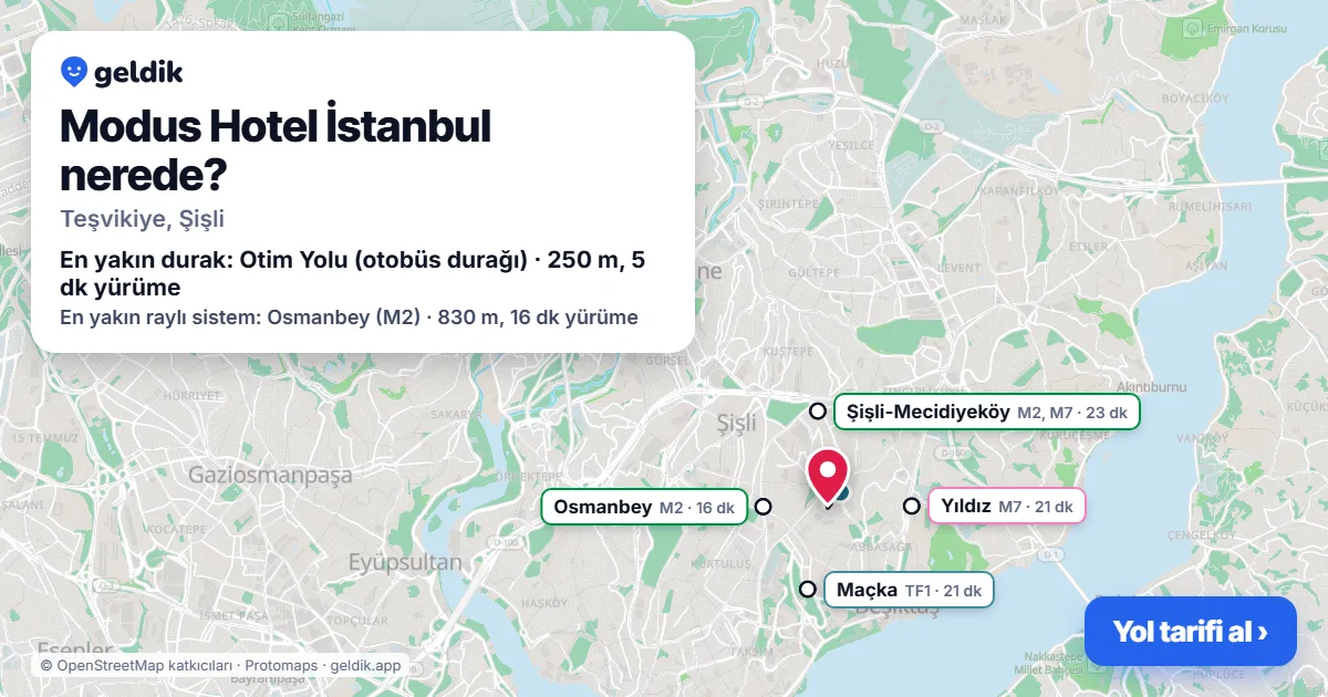 Where is Modus Hotel İstanbul: map with its location and the nearest stops, with walking times
