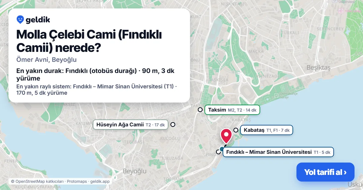 Molla Çelebi Cami (Fındıklı Camii) nerede: haritada konumu ve en yakın duraklar, yürüme süreleriyle