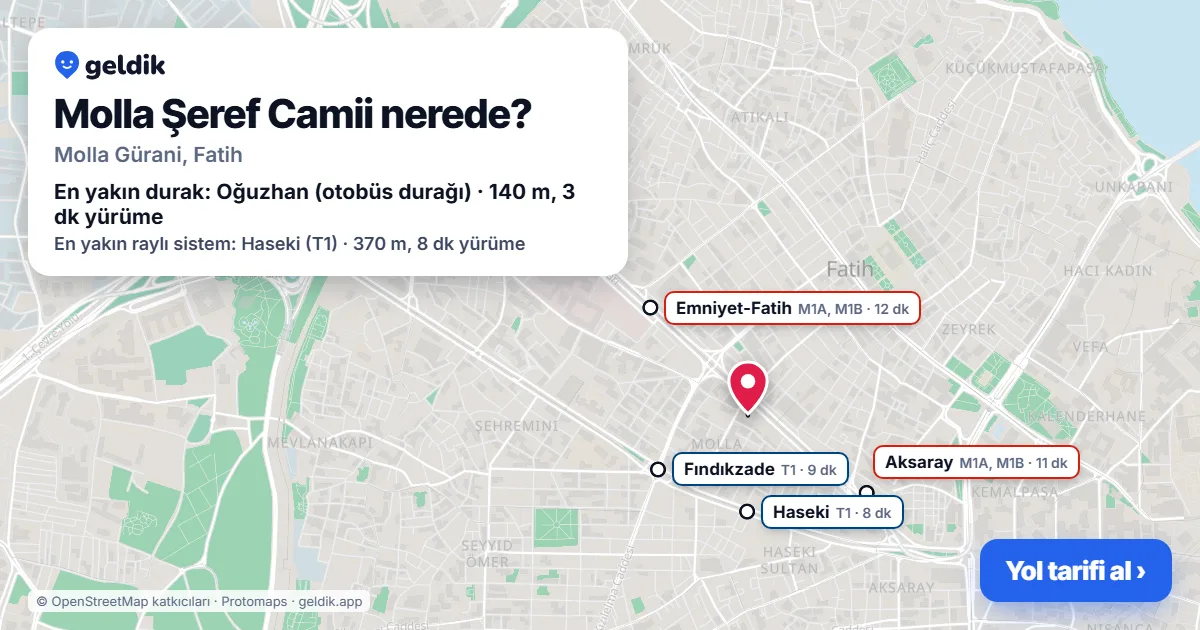 Molla Şeref Camii nerede: haritada konumu ve en yakın duraklar, yürüme süreleriyle