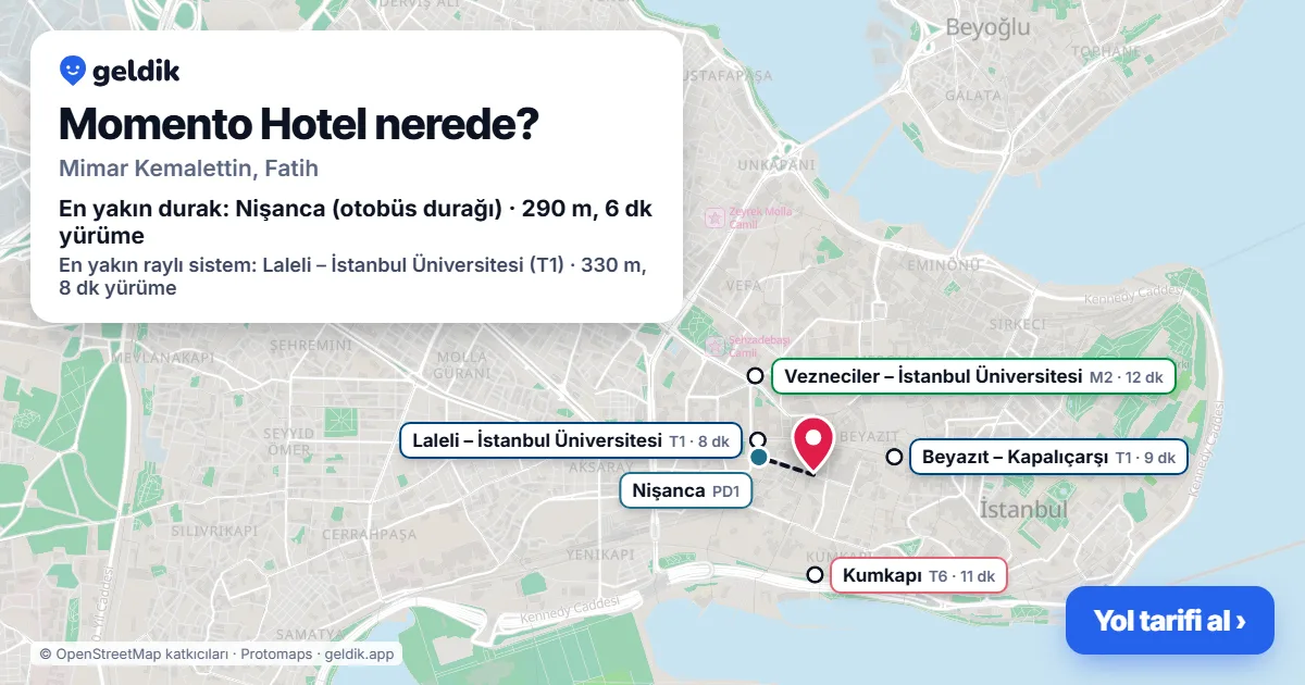 Where is Momento Hotel: map with its location and the nearest stops, with walking times