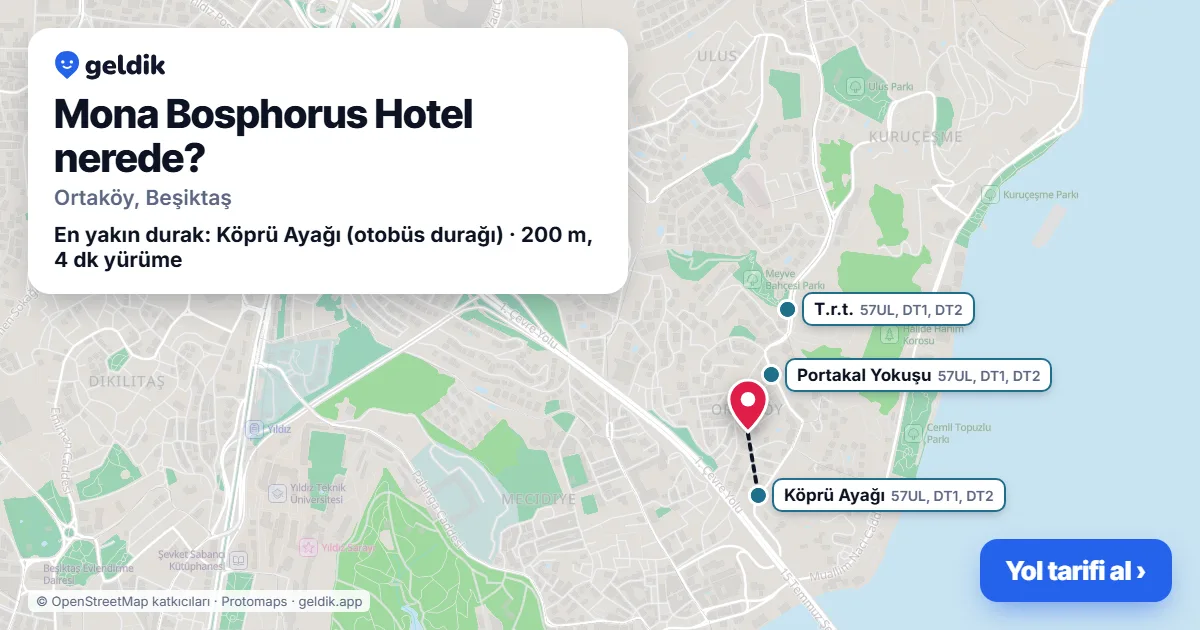 Mona Bosphorus Hotel nerede: haritada konumu ve en yakın duraklar, yürüme süreleriyle