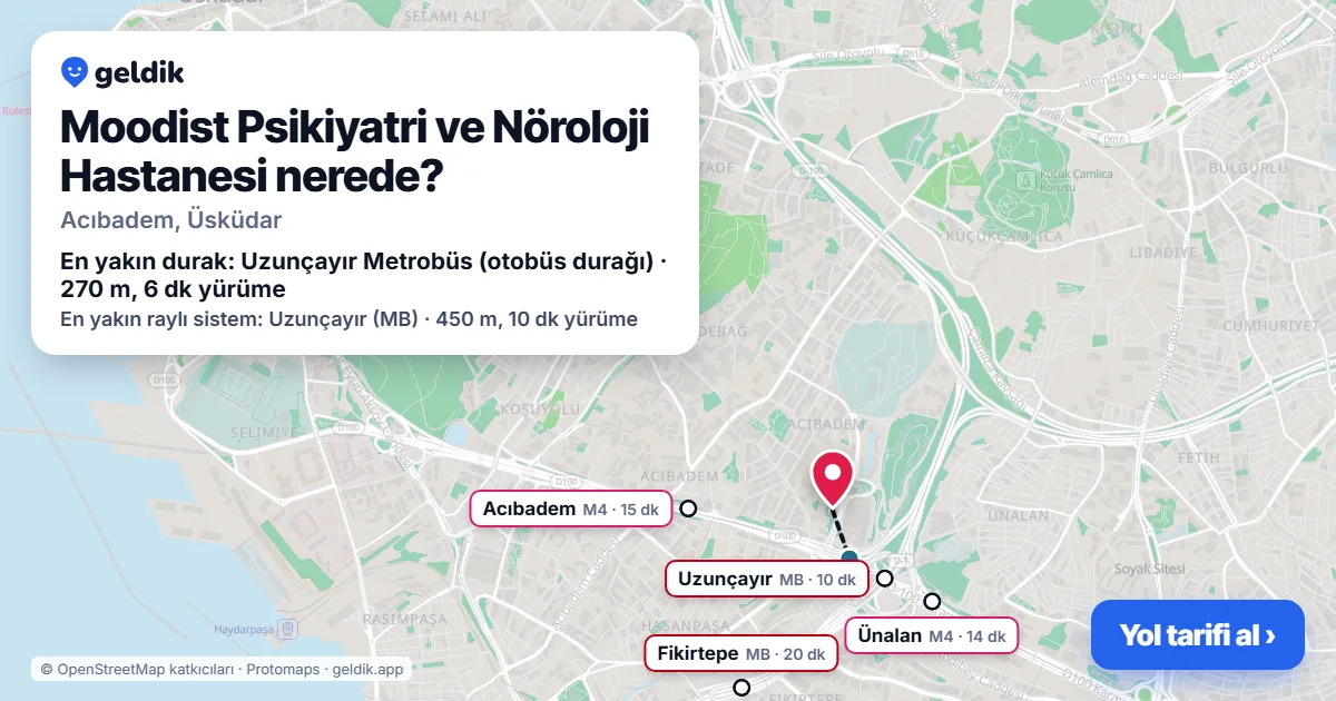 Where is Moodist Psikiyatri ve Nöroloji Hastanesi: map with its location and the nearest stops, with walking times