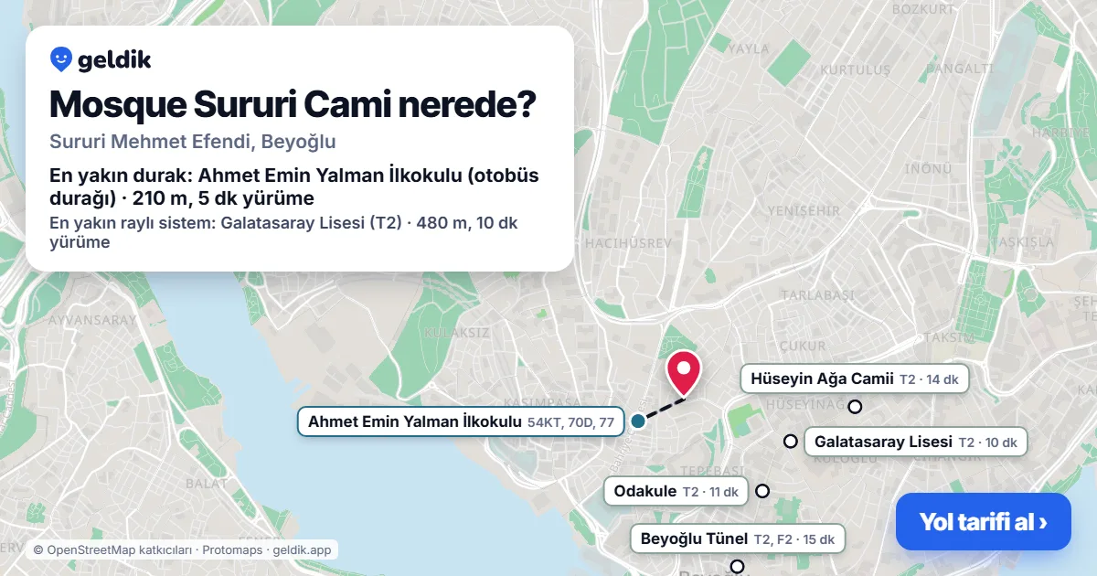 Mosque Sururi Cami nerede: haritada konumu ve en yakın duraklar, yürüme süreleriyle