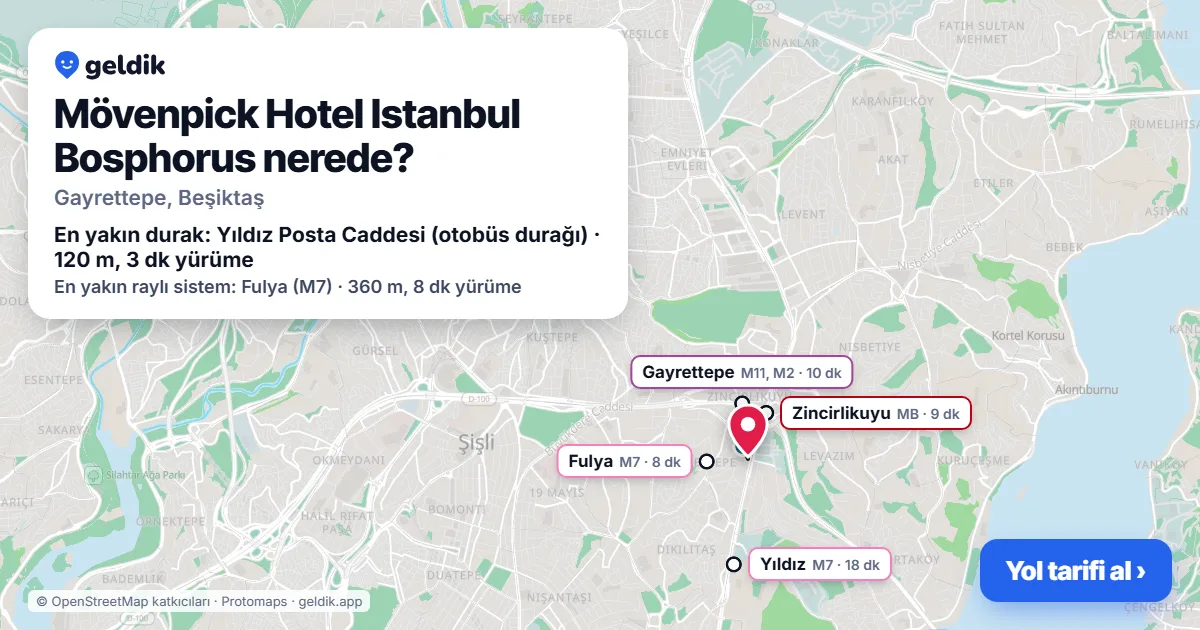 Mövenpick Hotel Istanbul Bosphorus nerede: haritada konumu ve en yakın duraklar, yürüme süreleriyle