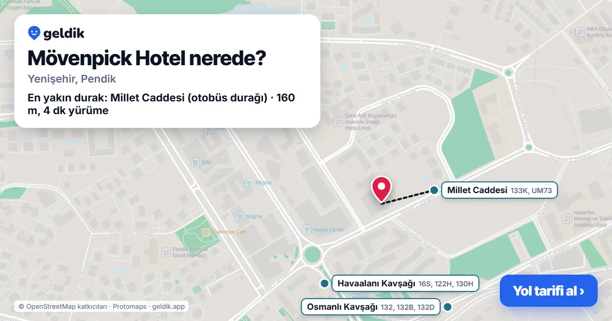 Mövenpick Hotel nerede: haritada konumu ve en yakın duraklar, yürüme süreleriyle
