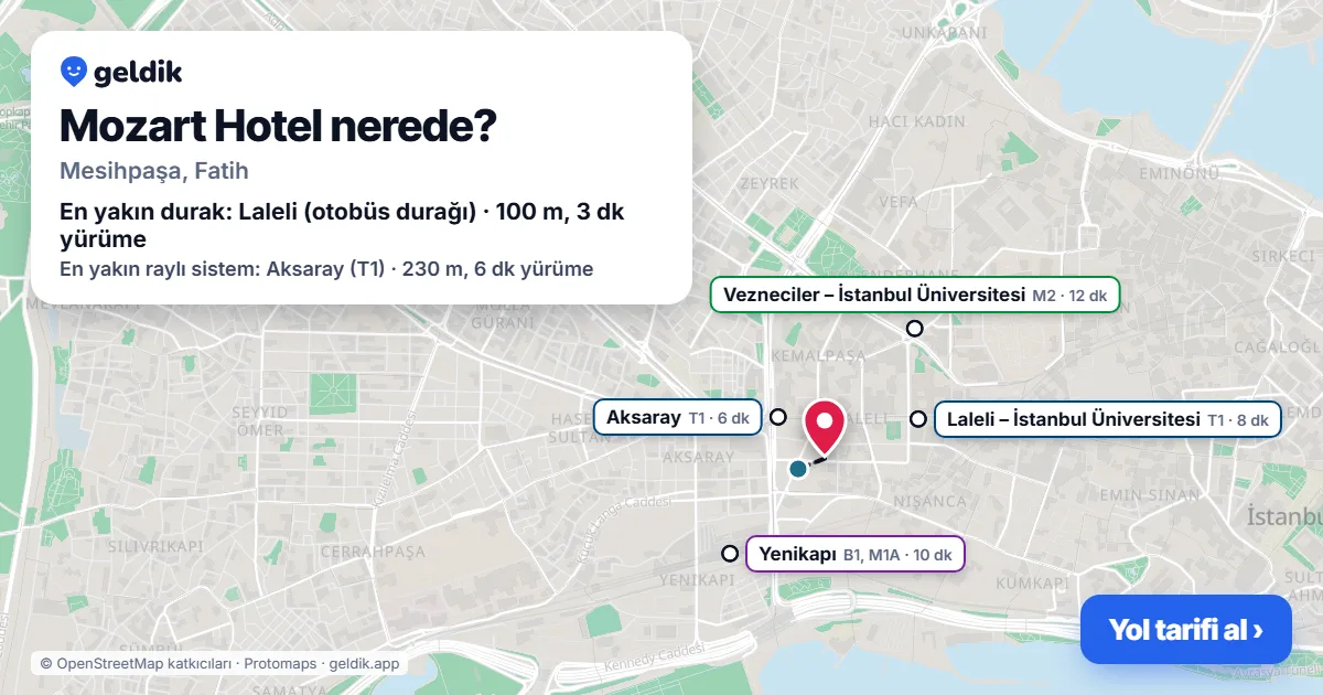 Where is Mozart Hotel: map with its location and the nearest stops, with walking times