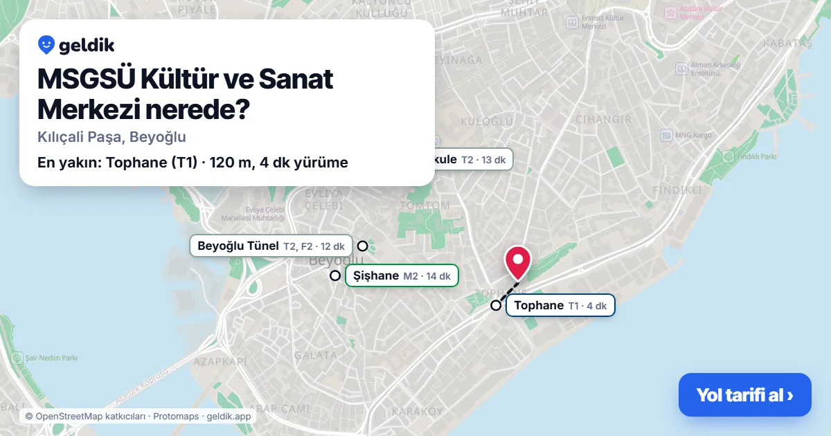 Where is MSGSÜ Kültür ve Sanat Merkezi: map with its location and the nearest stops, with walking times
