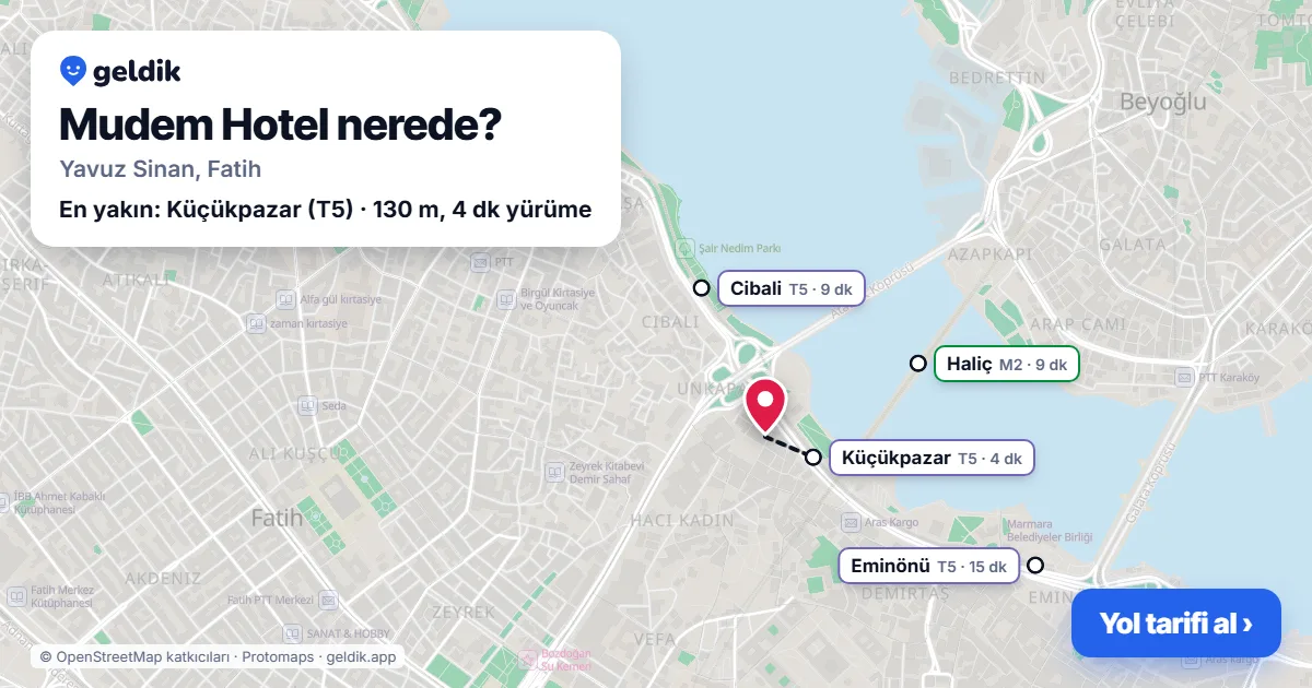 Where is Mudem Hotel: map with its location and the nearest stops, with walking times