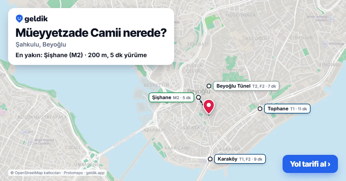 Müeyyetzade Camii nerede: haritada konumu ve en yakın duraklar, yürüme süreleriyle