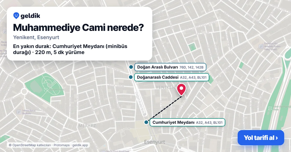 Muhammediye Cami nerede: haritada konumu ve en yakın duraklar, yürüme süreleriyle