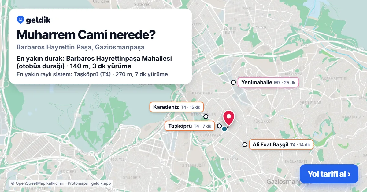 Where is Muharrem Cami: map with its location and the nearest stops, with walking times