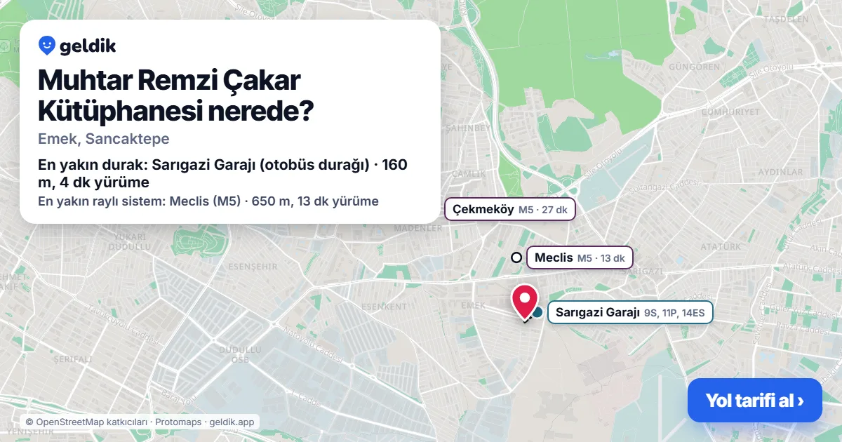 Where is Muhtar Remzi Çakar Kütüphanesi: map with its location and the nearest stops, with walking times