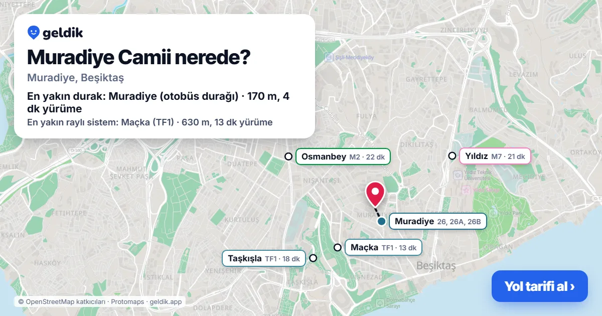 Muradiye Camii nerede: haritada konumu ve en yakın duraklar, yürüme süreleriyle