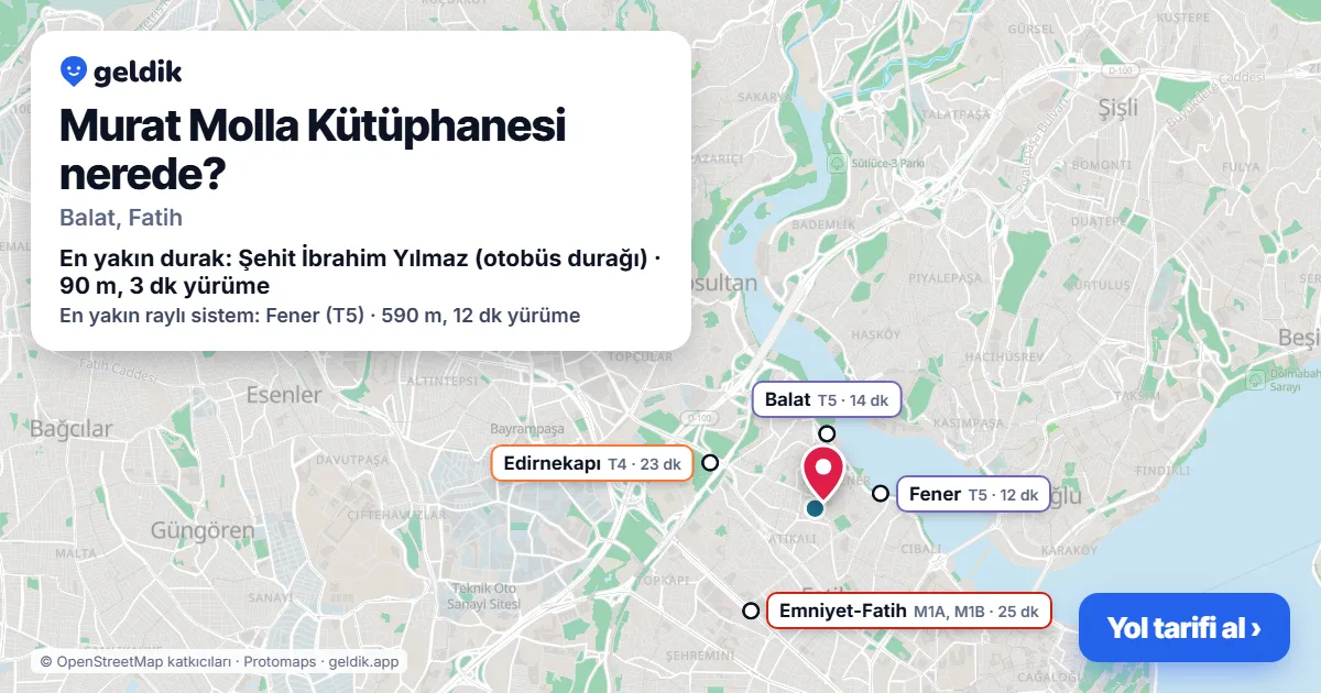 Murat Molla Kütüphanesi nerede: haritada konumu ve en yakın duraklar, yürüme süreleriyle