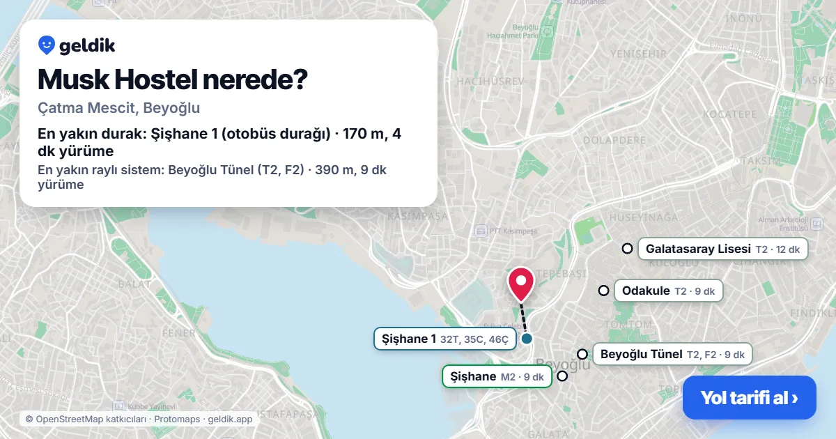 Musk Hostel nerede: haritada konumu ve en yakın duraklar, yürüme süreleriyle