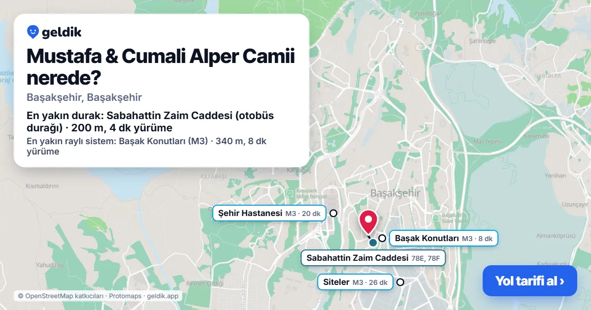 Mustafa & Cumali Alper Camii nerede: haritada konumu ve en yakın duraklar, yürüme süreleriyle