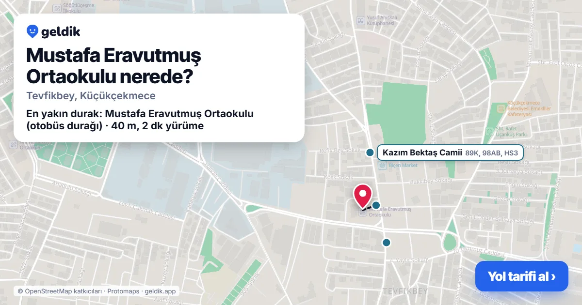 Where is Mustafa Eravutmuş Ortaokulu: map with its location and the nearest stops, with walking times