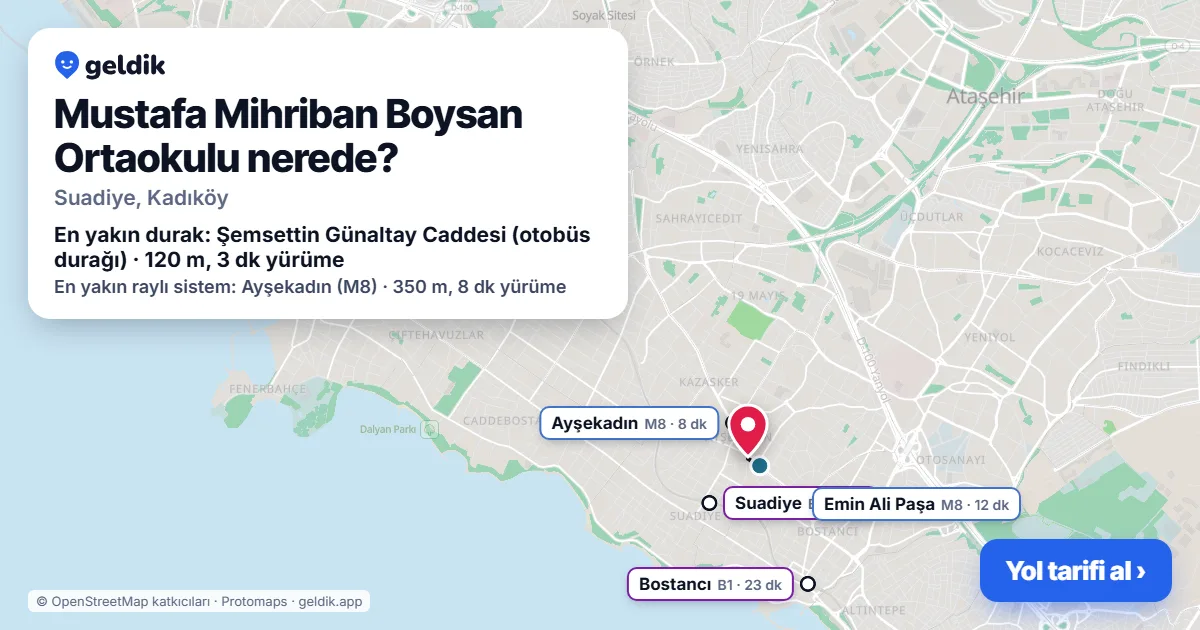 Mustafa Mihriban Boysan Ortaokulu nerede: haritada konumu ve en yakın duraklar, yürüme süreleriyle
