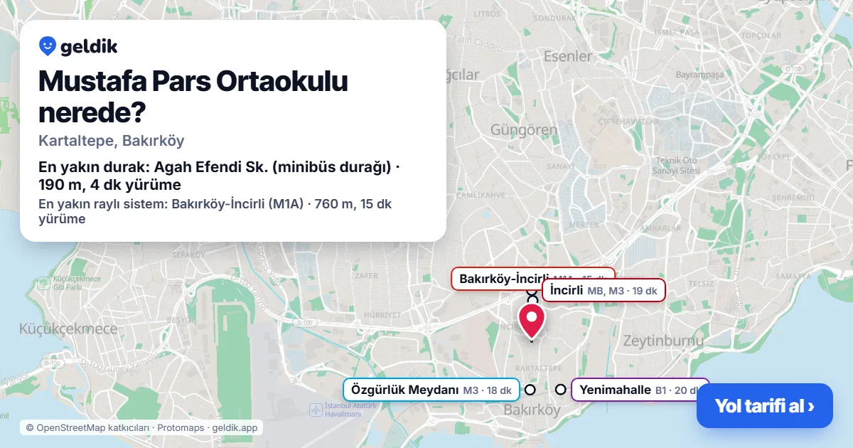 Mustafa Pars Ortaokulu nerede: haritada konumu ve en yakın duraklar, yürüme süreleriyle