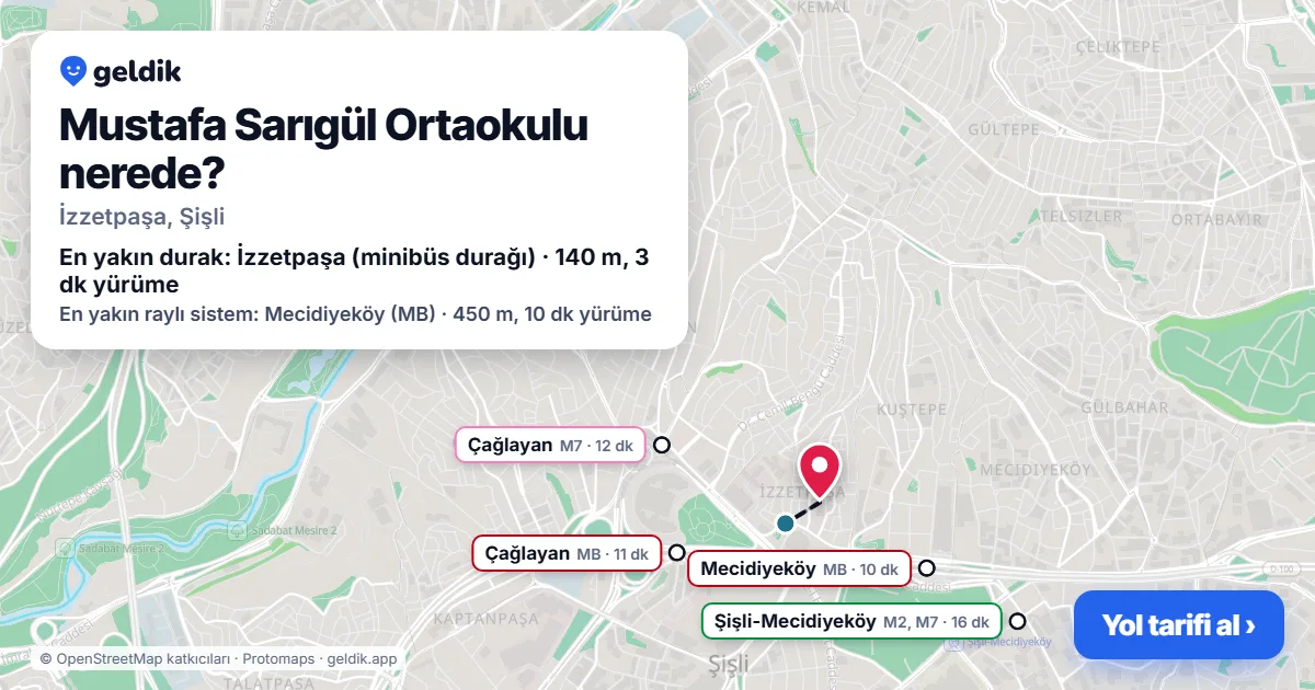 Where is Mustafa Sarıgül Ortaokulu: map with its location and the nearest stops, with walking times