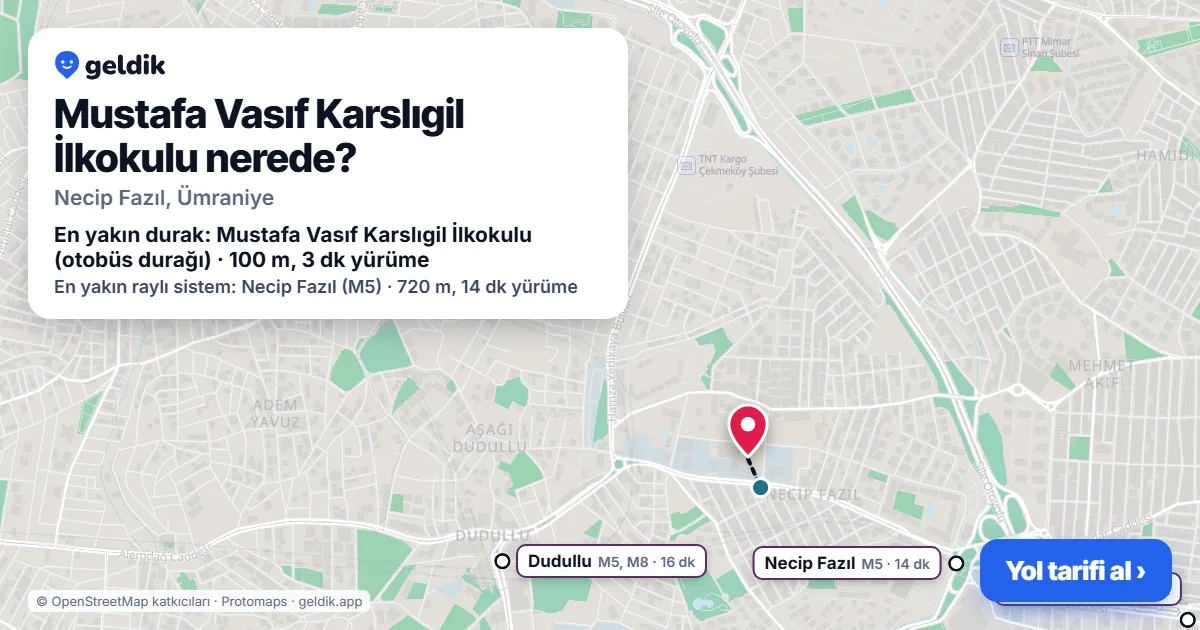 Mustafa Vasıf Karslıgil İlkokulu nerede: haritada konumu ve en yakın duraklar, yürüme süreleriyle