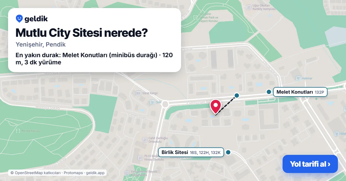 Where is Mutlu City Sitesi: map with its location and the nearest stops, with walking times