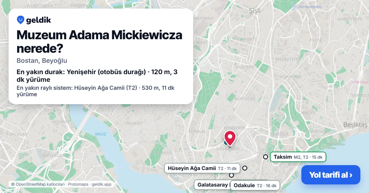 Muzeum Adama Mickiewicza nerede: haritada konumu ve en yakın duraklar, yürüme süreleriyle