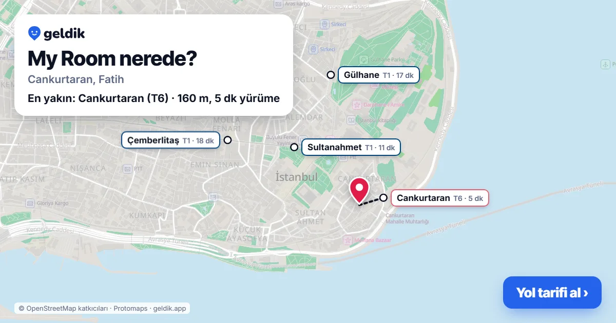 My Room nerede: haritada konumu ve en yakın duraklar, yürüme süreleriyle