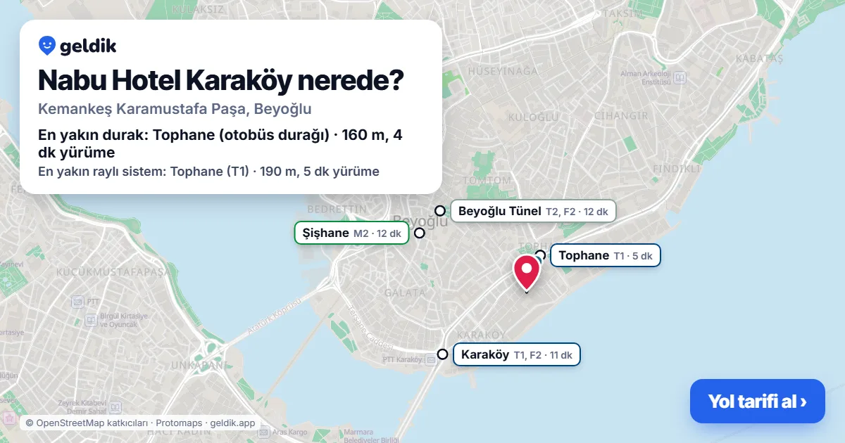 Nabu Hotel Karaköy nerede: haritada konumu ve en yakın duraklar, yürüme süreleriyle