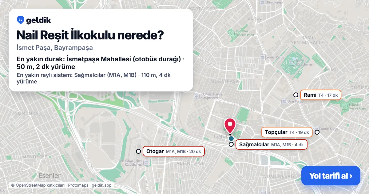 Nail Reşit İlkokulu nerede: haritada konumu ve en yakın duraklar, yürüme süreleriyle