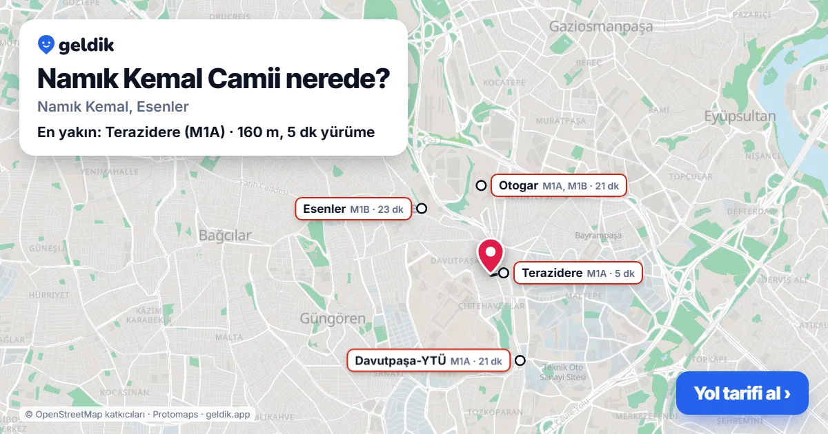Namık Kemal Camii nerede: haritada konumu ve en yakın duraklar, yürüme süreleriyle