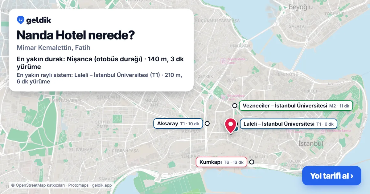 Where is Nanda Hotel: map with its location and the nearest stops, with walking times