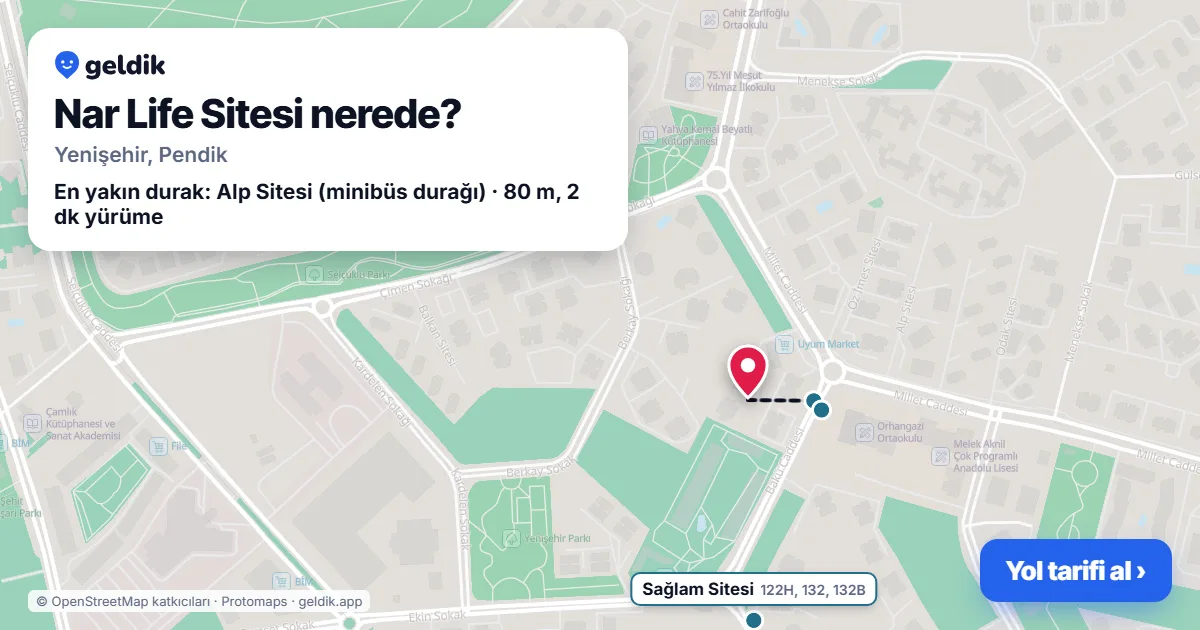 Where is Nar Life Sitesi: map with its location and the nearest stops, with walking times