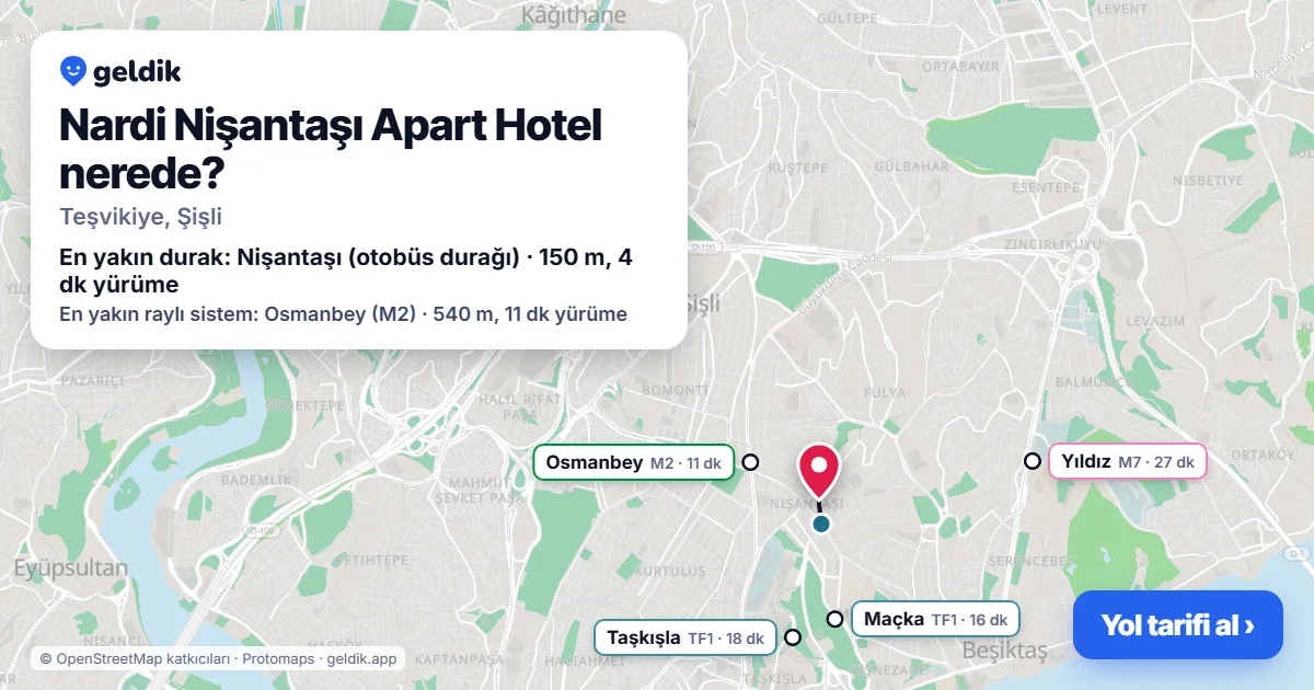 Nardi Nişantaşı Apart Hotel nerede: haritada konumu ve en yakın duraklar, yürüme süreleriyle