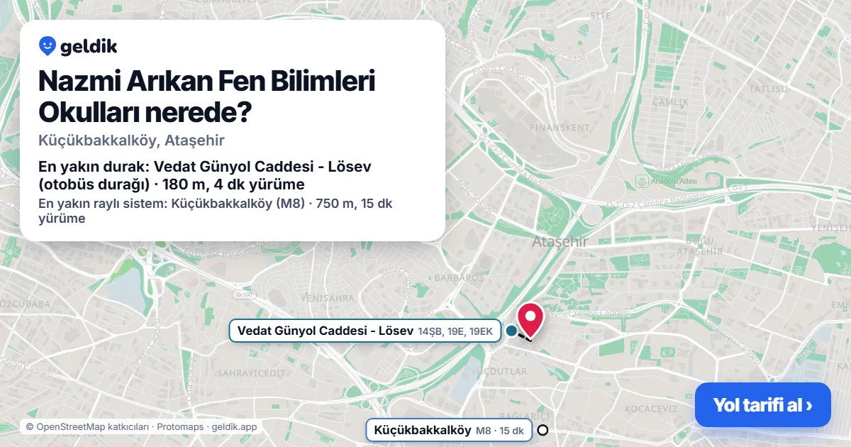 Where is Nazmi Arıkan Fen Bilimleri Okulları: map with its location and the nearest stops, with walking times