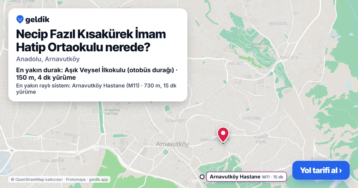 Necip Fazıl Kısakürek İmam Hatip Ortaokulu nerede: haritada konumu ve en yakın duraklar, yürüme süreleriyle