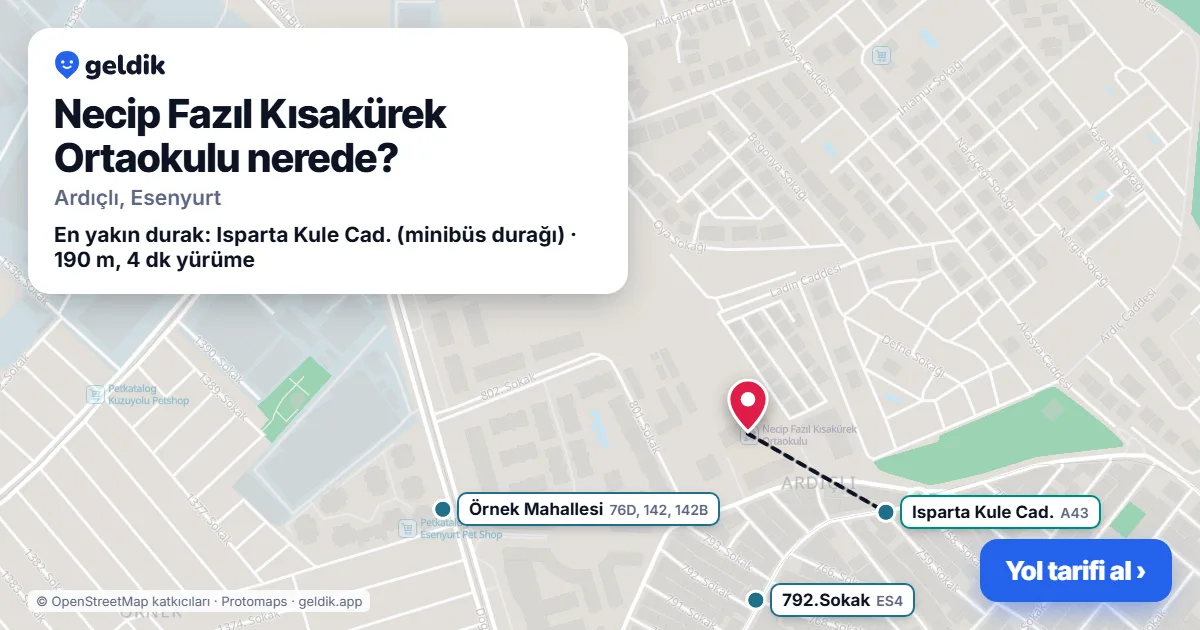 Where is Necip Fazıl Kısakürek Ortaokulu: map with its location and the nearest stops, with walking times