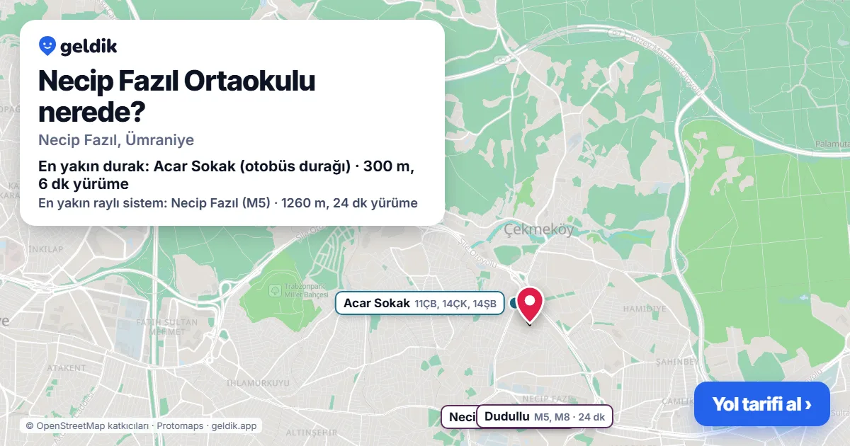 Where is Necip Fazıl Ortaokulu: map with its location and the nearest stops, with walking times