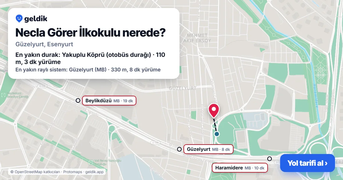 Necla Görer İlkokulu nerede: haritada konumu ve en yakın duraklar, yürüme süreleriyle