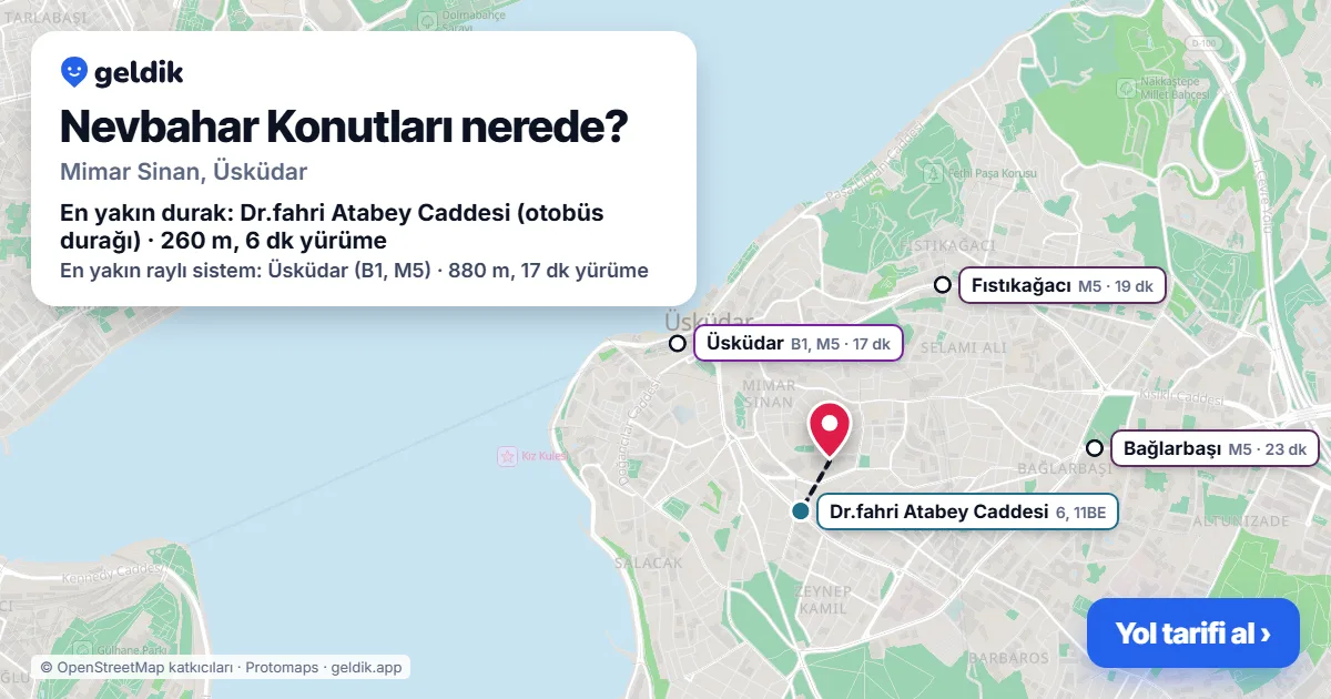 Nevbahar Konutları nerede: haritada konumu ve en yakın duraklar, yürüme süreleriyle
