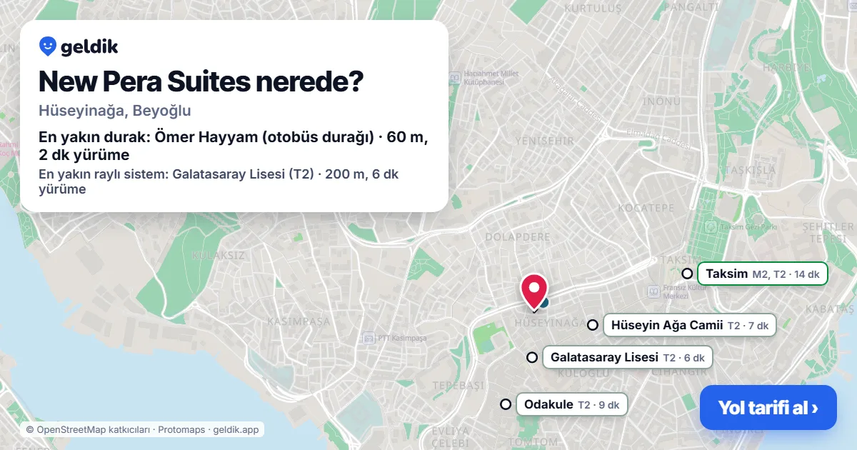 Where is New Pera Suites: map with its location and the nearest stops, with walking times