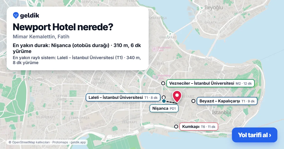 Newport Hotel nerede: haritada konumu ve en yakın duraklar, yürüme süreleriyle
