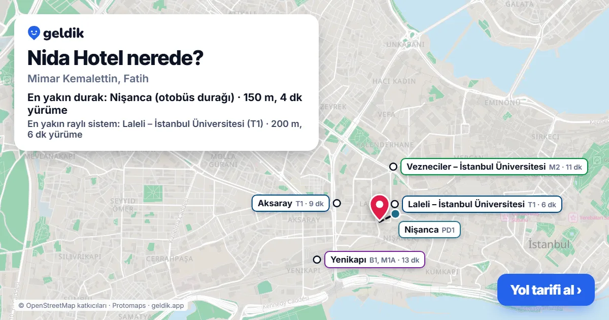 Where is Nida Hotel: map with its location and the nearest stops, with walking times