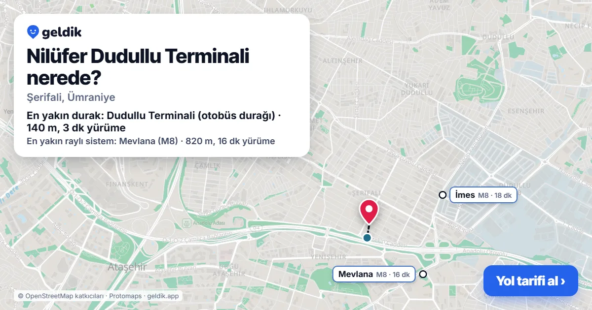 Where is Nilüfer Dudullu Terminali: map with its location and the nearest stops, with walking times