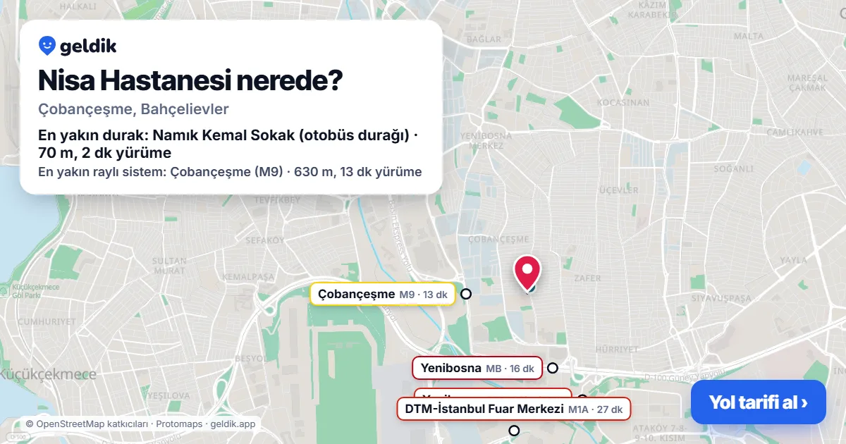 Where is Nisa Hastanesi: map with its location and the nearest stops, with walking times