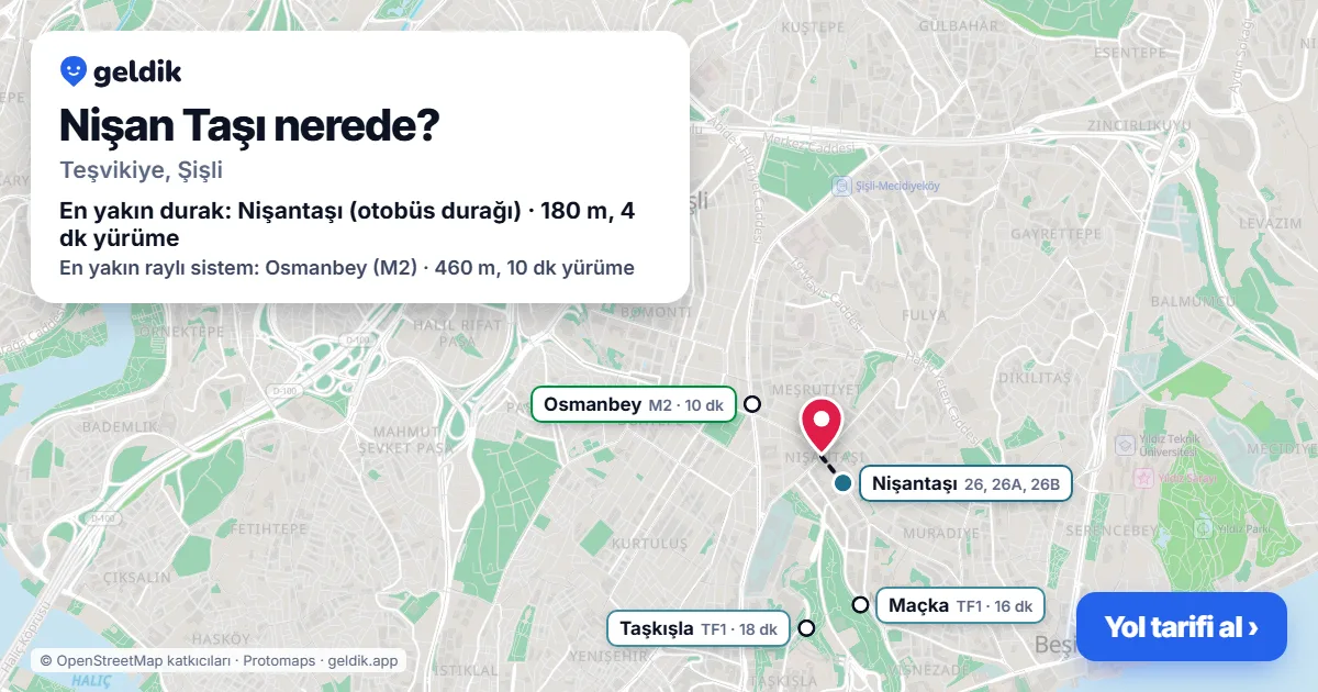 Nişan Taşı nerede: haritada konumu ve en yakın duraklar, yürüme süreleriyle