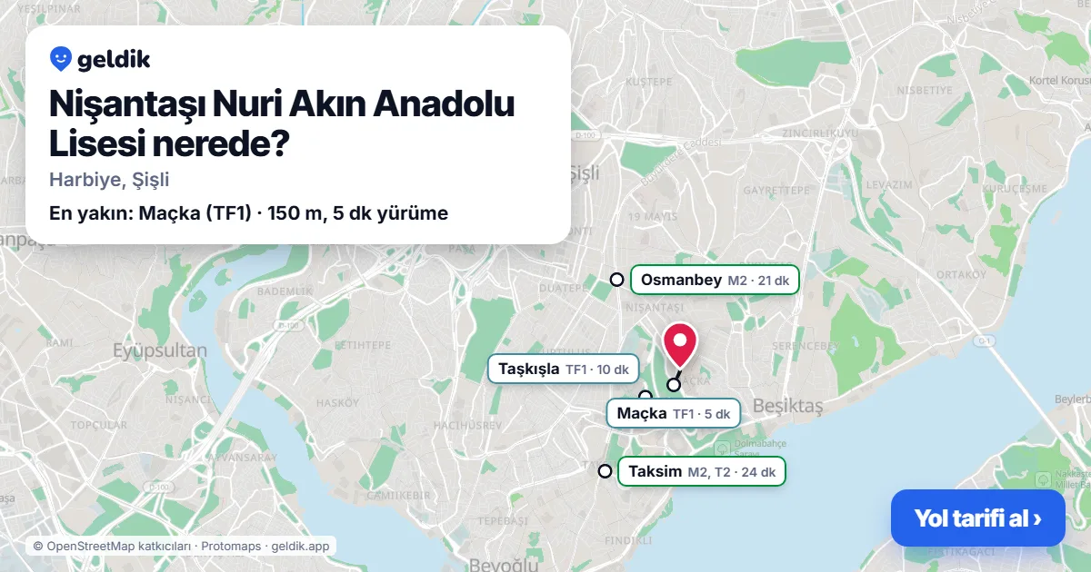 Nişantaşı Nuri Akın Anadolu Lisesi nerede: haritada konumu ve en yakın duraklar, yürüme süreleriyle