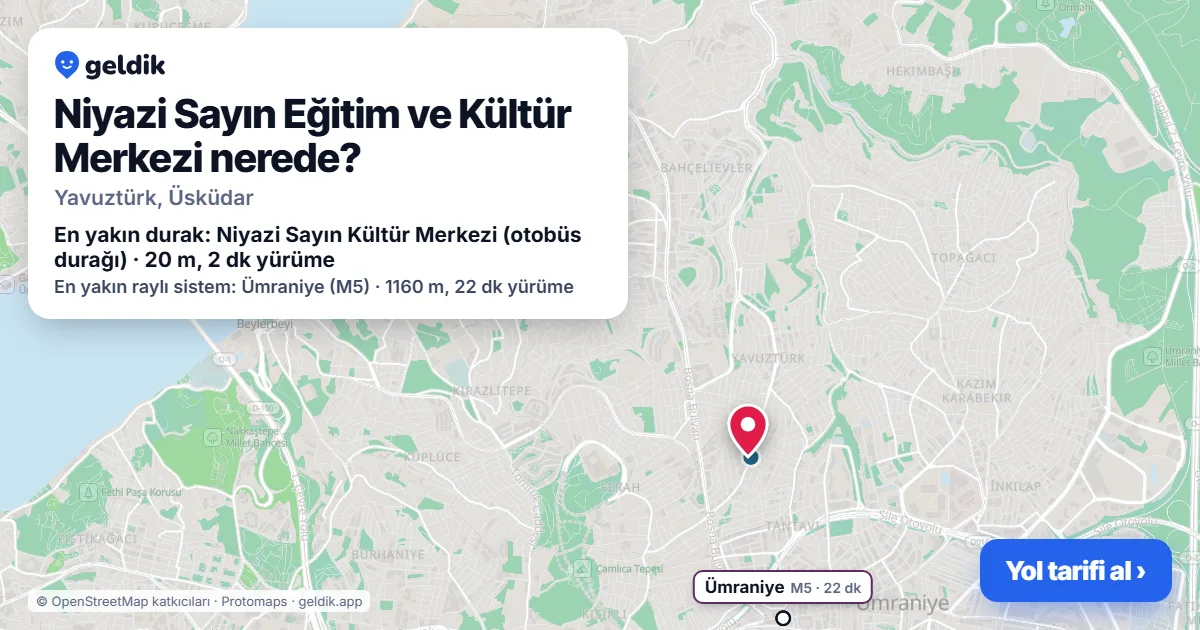 Niyazi Sayın Eğitim ve Kültür Merkezi nerede: haritada konumu ve en yakın duraklar, yürüme süreleriyle
