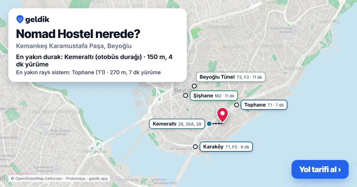 Nomad Hostel nerede: haritada konumu ve en yakın duraklar, yürüme süreleriyle